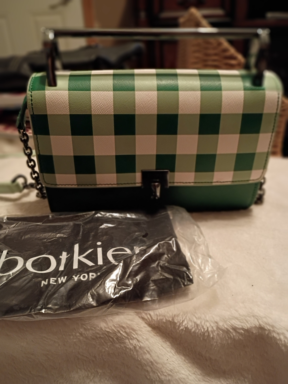 Botkier Green and White Gingham Crossbody Bag